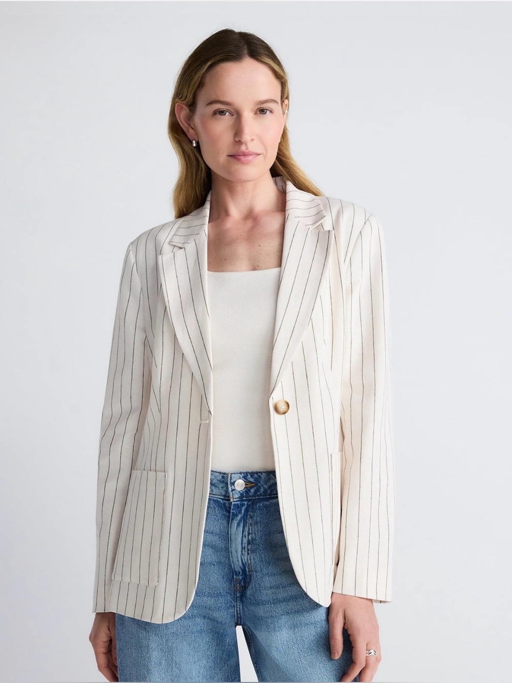 Scoop Cream Pinstripe Single-Button Blazer